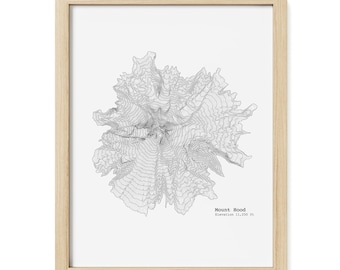 May include: A framed wall art print featuring a black and white topographic contour map of Mount Hood. The text reads Mount Hood and Elevation 11,255 ft. The print is enclosed in a light-colored wooden frame with a clean, simple border.