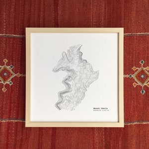 Può includere: Stampa di mappa topografica incorniciata del Monte Davis, con dettagli di elevazione. L'opera presenta un design di contorno in scala di grigi dettagliato, incorniciato in una cornice di legno chiaro. La stampa è esposta su uno sfondo rosso strutturato.