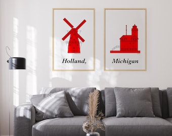 Holland Michigan Print Set – Windmill Island & Big Red Lighthouse Illustrations (Archival Paper)