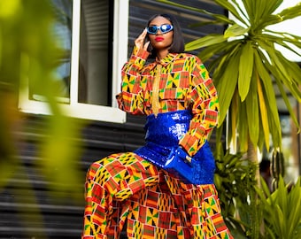 Kenny Kente Ankara African Print Maxi Shirt Dress and Hat Size M-2XL/8-18USA