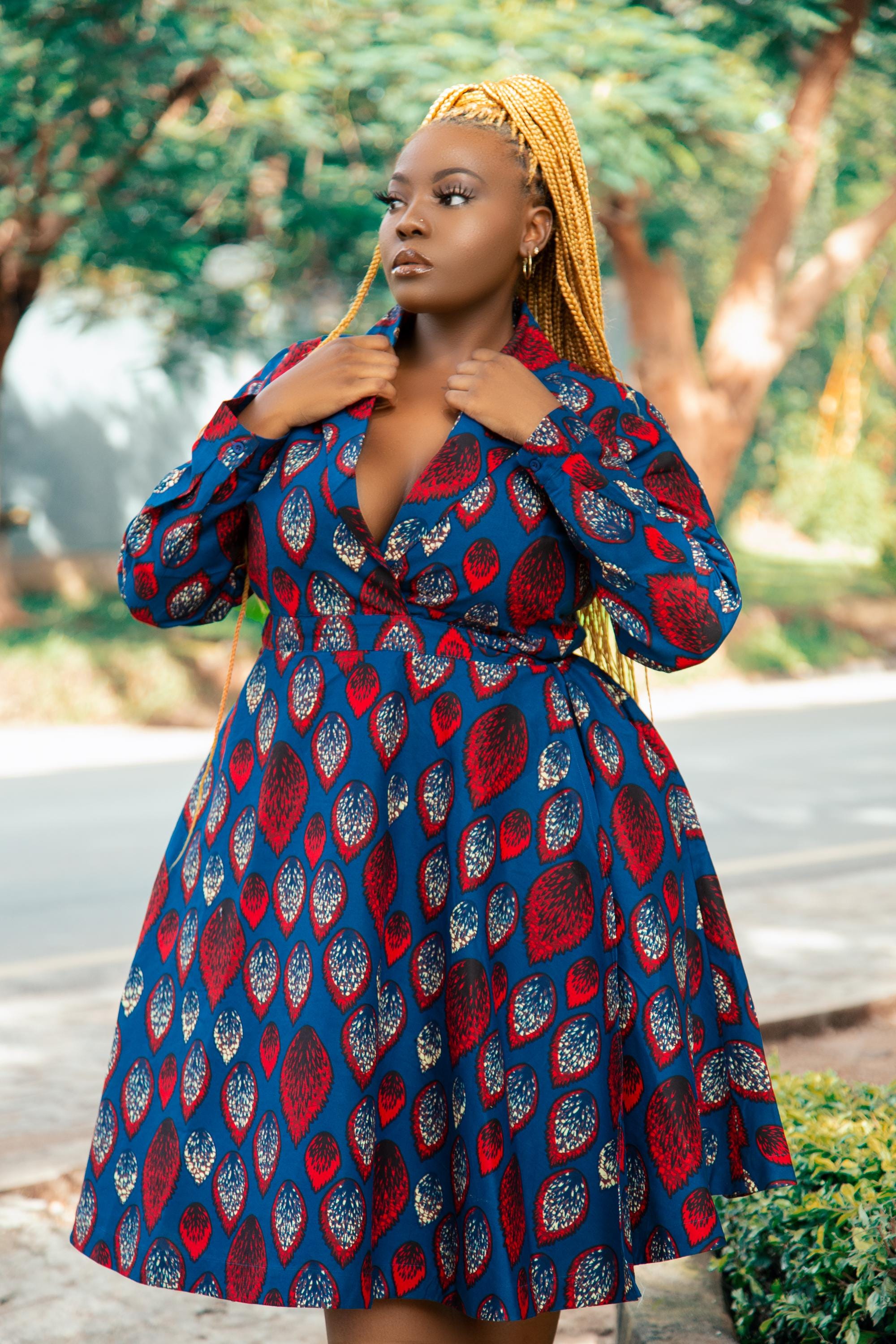 Nadi Red Ankara African Print Midi Blazer Wrap Dress Size 10-20UK