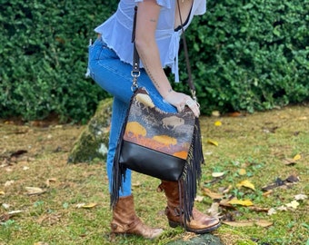 Fringe Crossbody Bag in Oregon wool Land of the Buffalo-Brown Leather fringe Bag-Women’s Leather Handbag