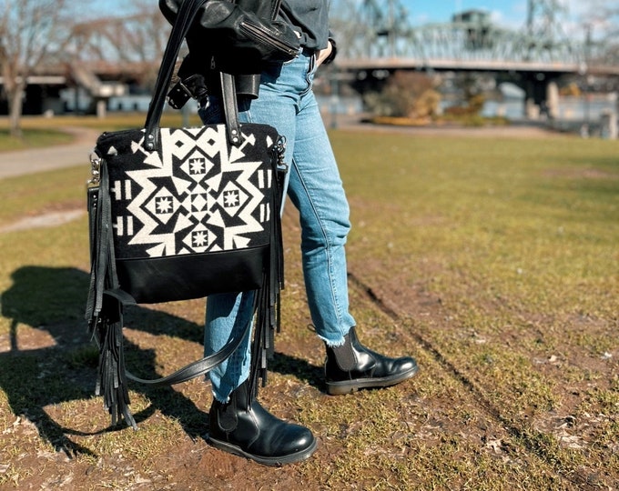 Large Fringe Crossbody Tote Bag in Wool and Leather Condensed Etsy