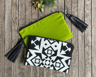 Southwestern Zipper Clutch in Condensed Black and White wool with Velvet Back and Leather fringe, Western Clutch, Women's Boho Handbag