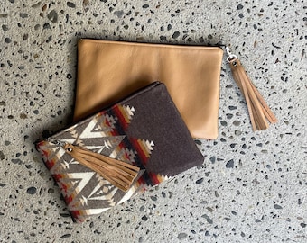 Southwestern Zipper Clutch in Brown Pacific Crest wool with Leather fringe, Tribal Clutch, Women's Boho Handbag