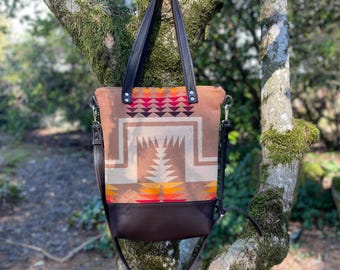 Large Crossbody Tote Bag in Harding Archive wool and leather-Espresso Leather Tote Bag-Western Handbag-Woodside Goods-Ready to ship