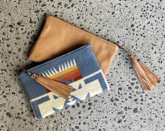 Southwestern Zipper Clutch in Chief Joseph Shale wool with Leather fringe, Tribal Clutch, Women's Boho Handbag