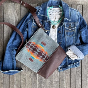 Cross body Bag in turquoise and Shale Oregon wool-Tribal Women&#39;s Shoulder bag-Boho Bag- leather Southwestern Design Bag-zipper top Bag