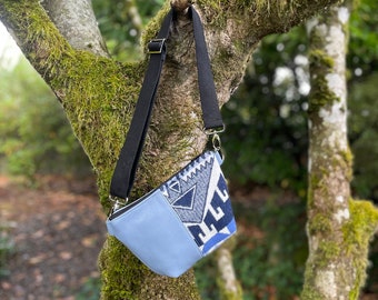 Fanny Pack Belt Bag in wool and leather-Trailhead Blue-Hip Bag-Festival Bag-Southwestern bag-Woodside Goods