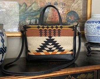 Cross body Tote Bag in Rancho Arroyo Black wool-Tribal Women's Shoulder bag-Mini Shopper Tote Bag