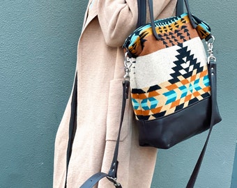 Large Crossbody Tote Bag in Rancho Arroyo Black wool and leather-Black Leather Tote Bag-Western Handbag-Woodside Goods-Ready to ship