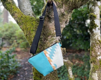 Fanny Pack Belt Bag in wool and leather-Rancho Arroyo Aqua-Hip Bag-Festival Bag-Southwestern bag-Woodside Goods