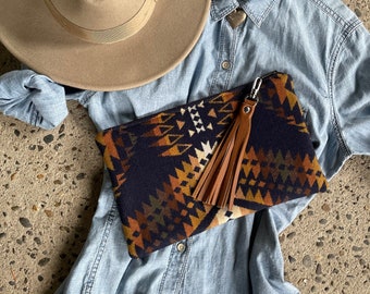 Tribal Zipper Clutch in Mission Trails Navy wool with Leather fringe, Southwestern Clutch, Women's Boho Handbag