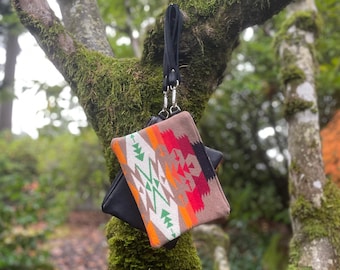 Southwestern Wristlet in Tuscon Khaki wool and Black leather-Oregon wool-Women's Clutch-Western purse-Woodside Goods
