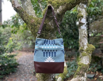 Hobo Tote Bag in wool land leather, Rancho Arroyo Shale, Boho Tote Bag, Southwestern Tribal Tote Bag, Woodside Goods, Ready to ship