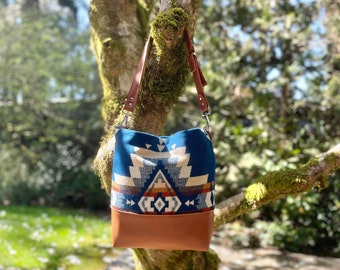 Western Hobo Tote Bag in wool and leather-Rock Point Blue- Boho Tote Bag-Southwestern Tribal Tote Bag-Woodside Goods-Ready to ship
