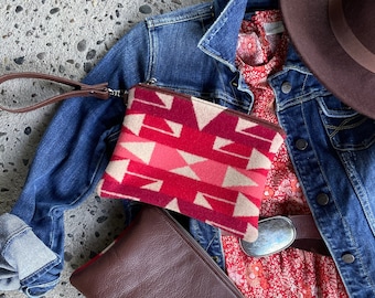 Southwestern Wristlet in Big Thunder Scarlet wool and Chocolate leather-Oregon wool-Women's Clutch-Western purse-Woodside Goods