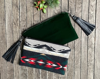 Southwestern Zipper Clutch in Topeka wool with Velvet Back and Leather fringe, Western Clutch, Women's Boho Handbag