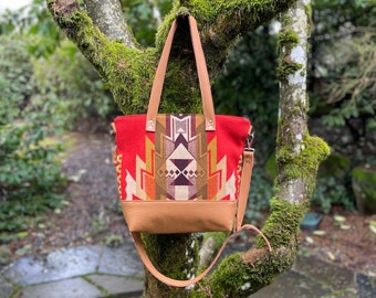 Large Crossbody Tote Bag in Highland Peak Red wool and leather-Tan Leather Tote Bag-Woodside Goods-Ready to ship-Southwestern Handbag