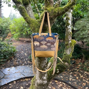 Large Southwestern Fringe Crossbody Tote Bag in Land of the Buffalo wool and leather-Tan Leather fringe Bag-Boho Southwestern Handbag