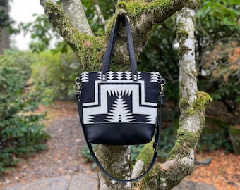 Large Crossbody Tote Bag in Walking Rock wool and leather-Black Leather Tote Bag-Western Handbag-Woodside Goods-Ready to ship
