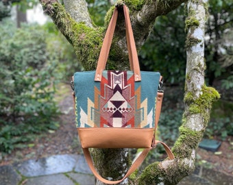 Large Crossbody Tote Bag in Highland Peak Balsam wool and leather-Tan Leather Tote Bag-Woodside Goods-Ready to ship-Southwestern Handbag