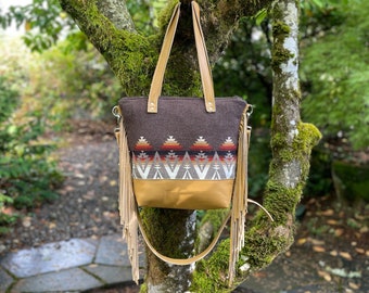 Large Southwestern Fringe Crossbody Tote Bag in Brown Pacific Crest wool and leather-Tan Leather fringe Bag-Boho Southwestern Handbag
