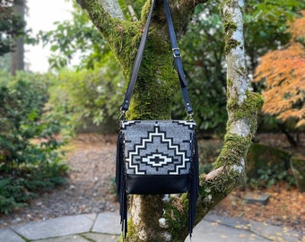 Cross body Bag in wool and leather-Tribal Women's Shoulder bag-Boho Bag-ready to ship-Southwestern Design Bag-Woodside Goods