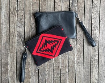 Southwestern Wristlet in Walking Rock wool and black leather-Oregon wool-Women's Clutch-Western purse-Woodside Goods