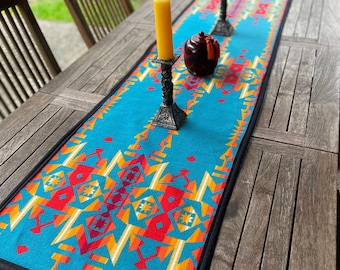 Table Runner in Oregon wool Condensed Turquoise, Tribal Design Runner, Native American Tribal Wool Runner, 65 X 18