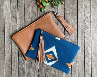 Tribal Zipper Clutch in Rock Point Blue wool with Leather fringe, Southwestern Clutch, Women's Boho Handbag