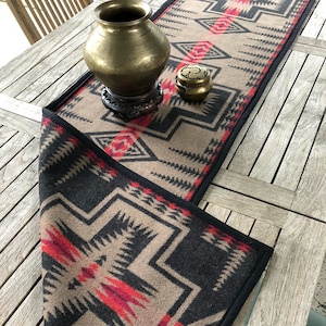 Table Runner in Oregon wool-Harding, Black Tan and Red Tribal Design Runner-Native American Wool Runner, 65&quot; x 17 1/2&quot;