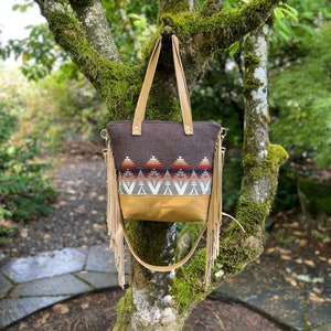 Large Southwestern Fringe Crossbody Tote Bag in Brown Pacific Crest wool and leather-Tan Leather fringe Bag-Boho Southwestern Handbag