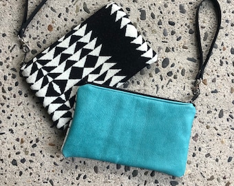 Boho Wristlet in Black and White wool and leather with Leather back and wrist band-Women's Clutch-Southwestern Handbag-Woodside Goods