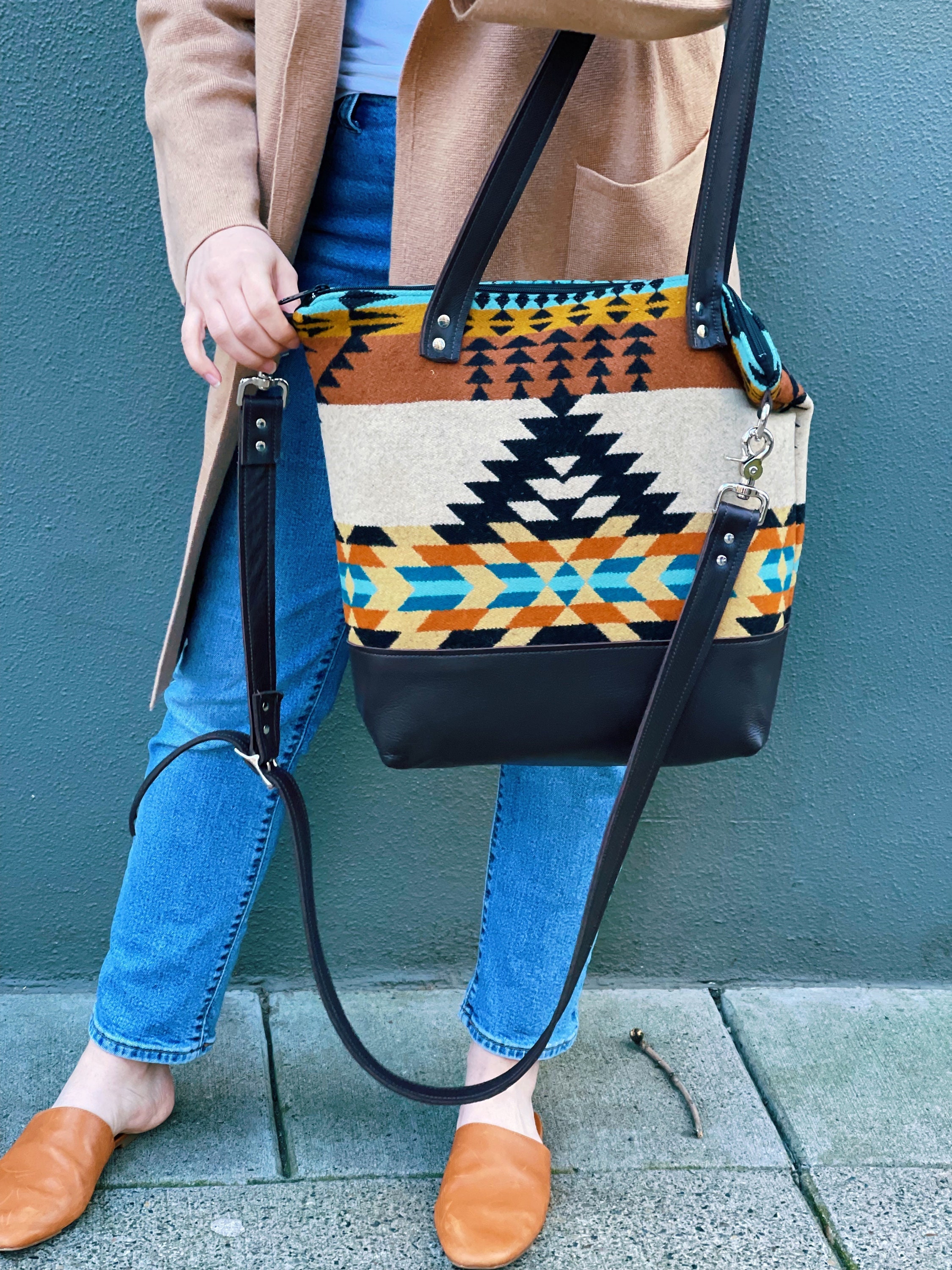 Large Crossbody Tote Bag in Wool and Leatherblack Leather Etsy