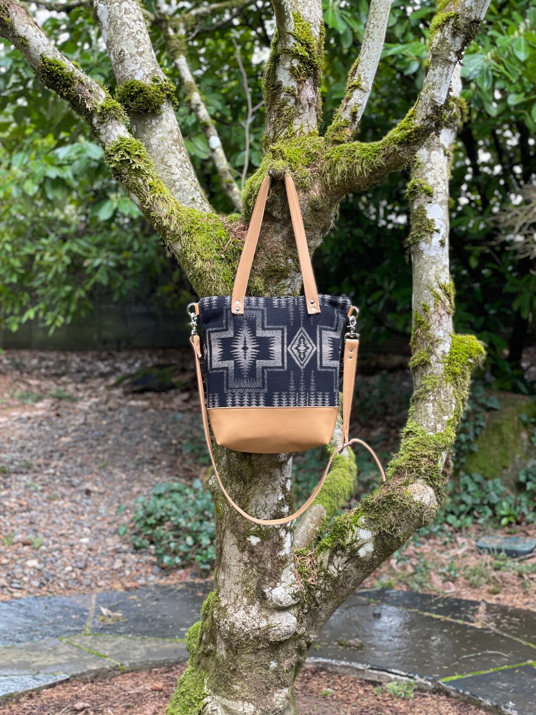 Large Crossbody Tote Bag in Wool and Leathertan Leather Tote Bag