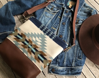 Cross body Bag in Oregon wool  Rancho Arroyo Shale-Tribal Women's Shoulder bag-Boho Bag- leather Southwestern Design Bag-zipper top Bag