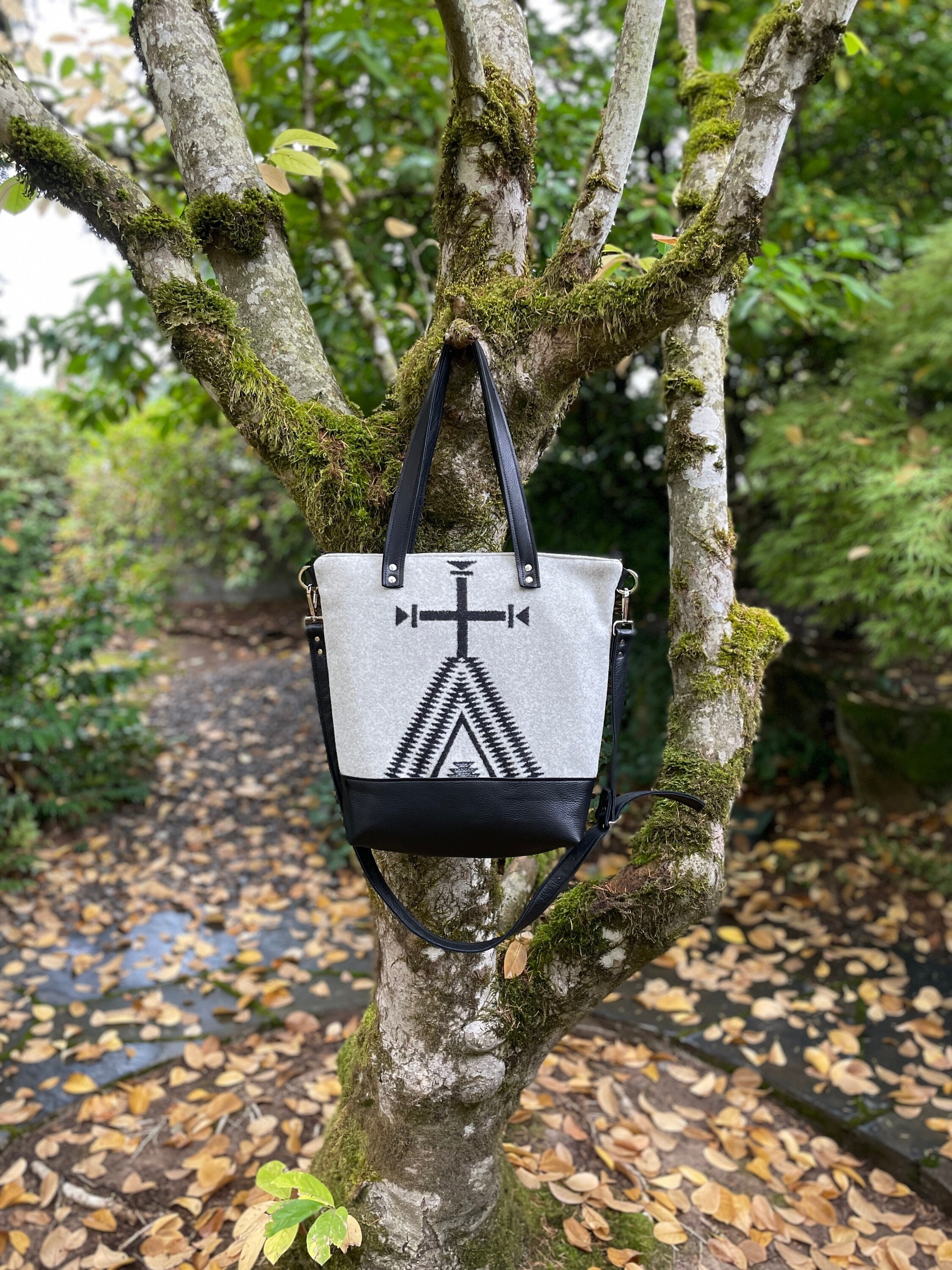Large Crossbody Tote Bag in Los Ojos wool and leather-Black Leather Tote Bag-Western Handbag-Woodside Goods-Ready to ship