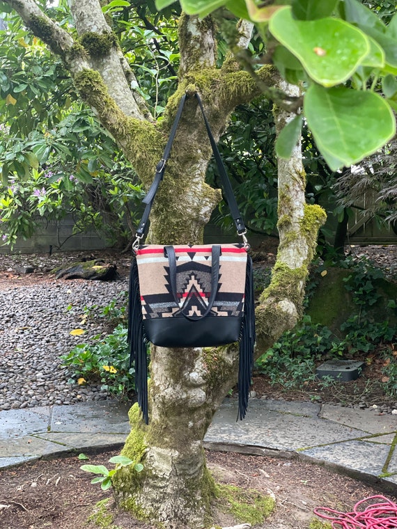 Large Fringe Crossbody Tote Bag in Wool and Leather Overall Etsy