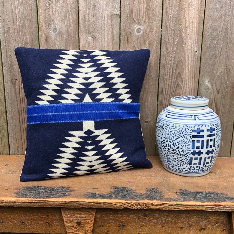 Tribal Wool Pillow Cover In Pendleton Wool Navy Blue And Etsy