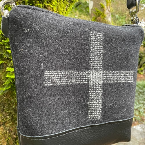 Mini Crossbody Bag in wool and leather-Kiva Steps-Black Leather shops Bag-Black and White Purse-Oregon Wool-Woodside Goods-Ready to ship