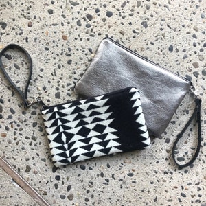 Boho Wristlet in Black and White Oregon Walking Rock wool with Silver Leather back and wrist band-Women's Southwestern Clutch