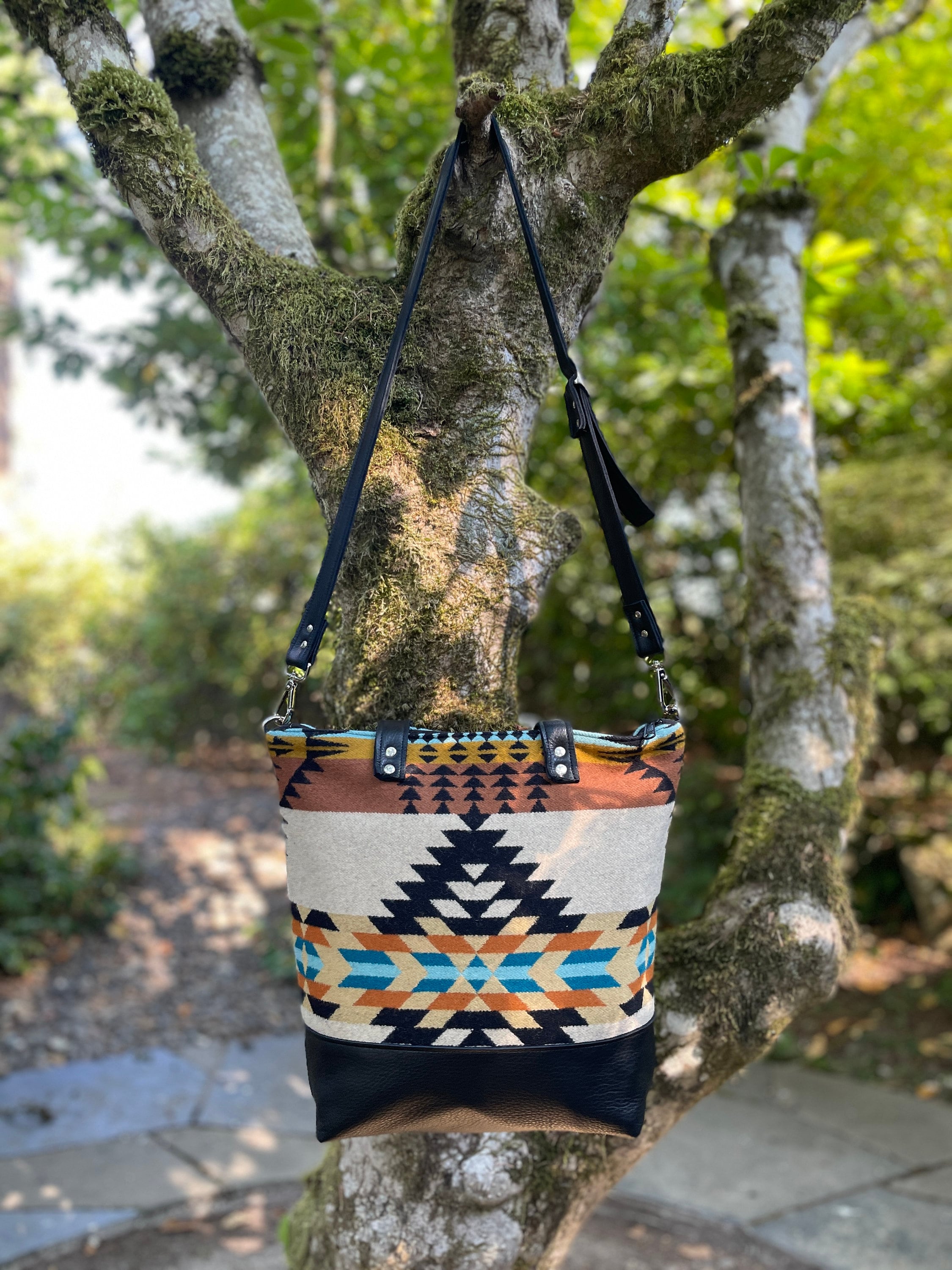 Large Crossbody Tote Bag in Wool and Leatherblack Leather Etsy