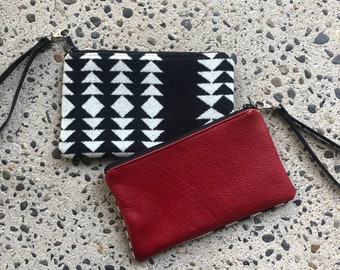 Boho Wristlet in Black and White Oregon Walking Rock wool with Leather back and wrist band-Women's Clutch-Southwestern Handbag