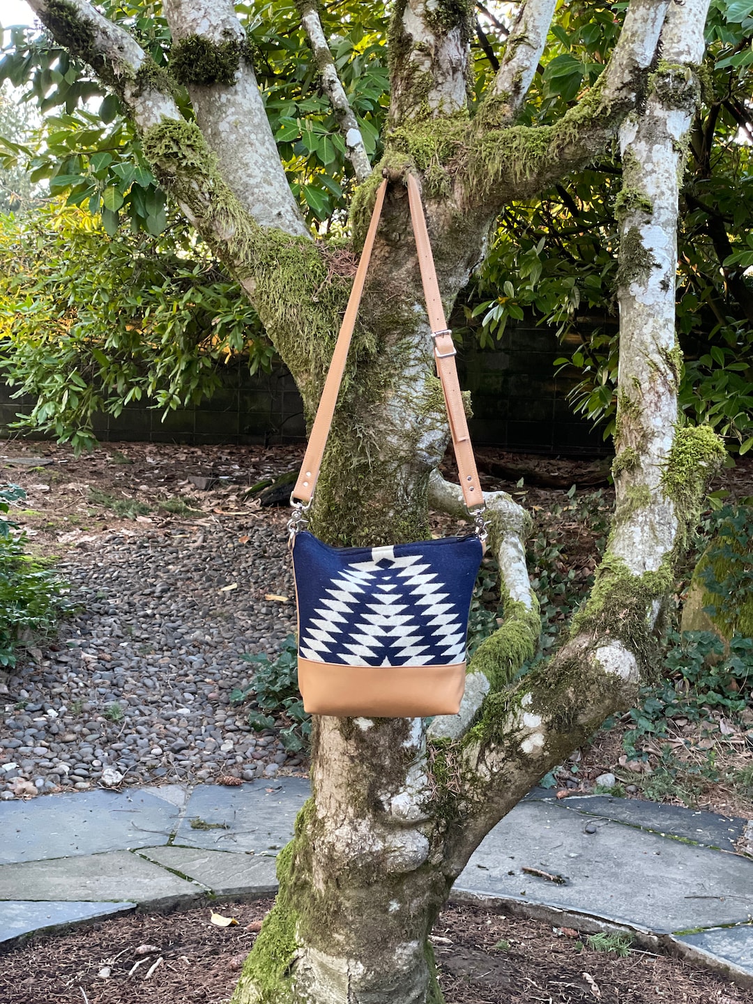 Blue and white top striped crossbody bag