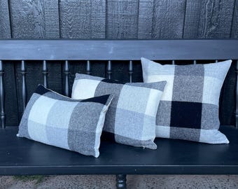 Pillow cover in Black White and Cream Buffalo Plaid Oregon Blanket Wool-Southwestern Pillow Cover