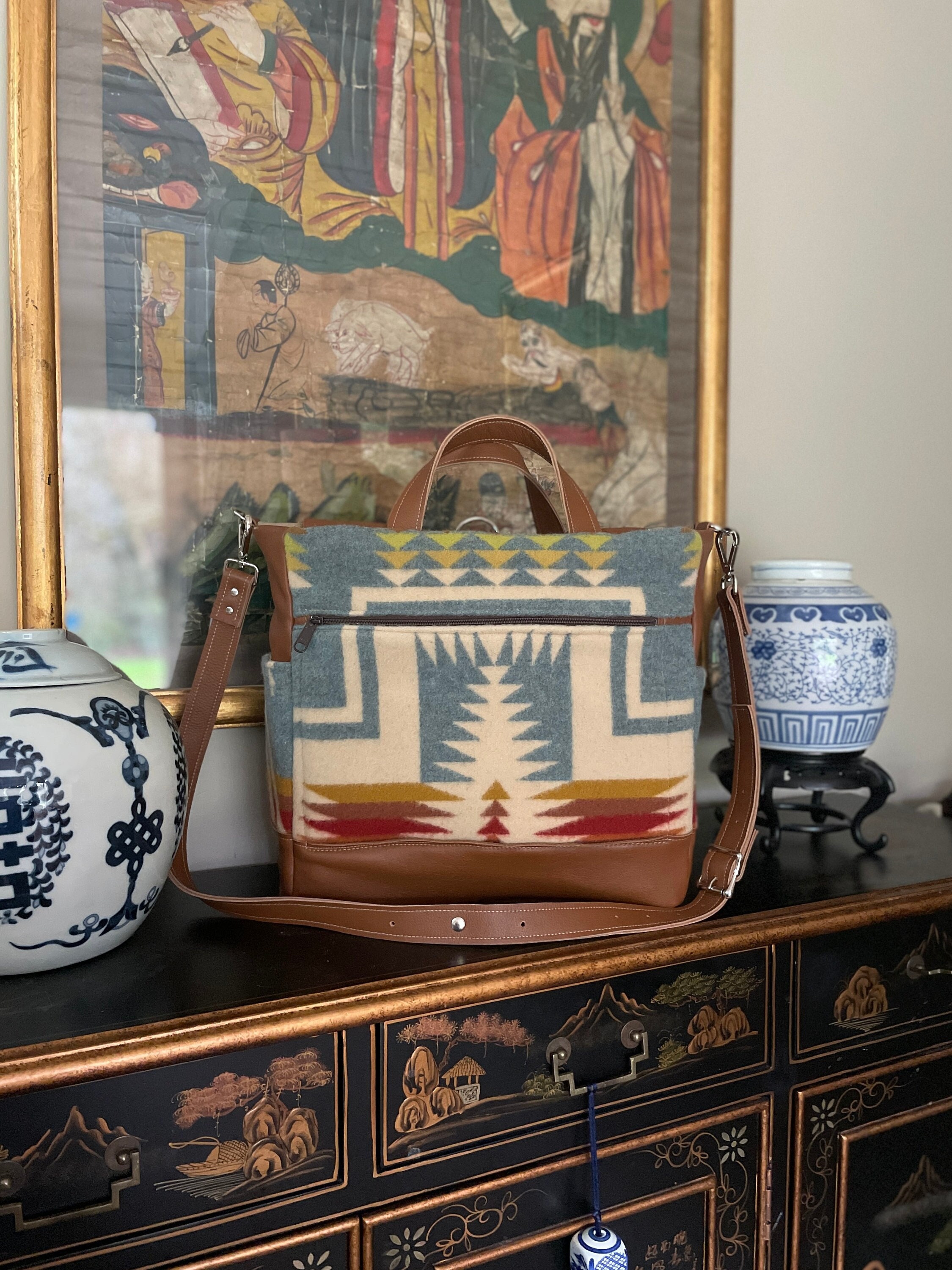 Large Tote Bag, Gender Neutral Backpack, Diaper Bag, Satchel, Weekender in Harding Shale wool and leather-Woodside Goods