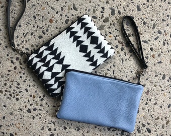 Boho Wristlet in Black and White wool and leather with Leather back and wrist band-Women's Clutch-Southwestern Handbag-Woodside Goods