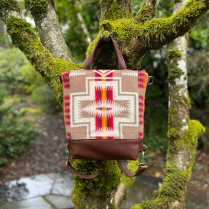 Medium Backpack/Crossbody Bag in Southwestern Wool-Harding Wool and leather Backpack-Ready to ship-Woodside Goods