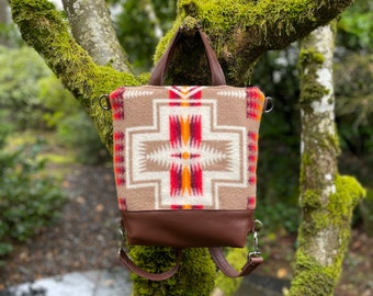 Medium Backpack/Crossbody Bag in Southwestern Wool-Harding Wool and leather Backpack-Ready to ship-Woodside Goods